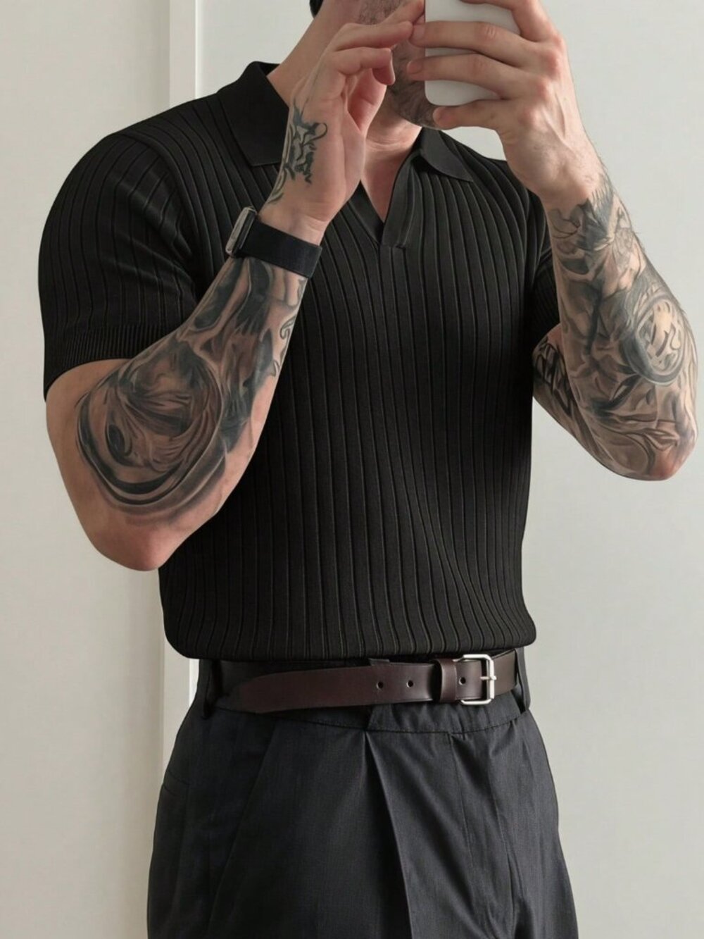 Black Glamorous Men's Ribbed Regular Fit Short Sleeve Shirt